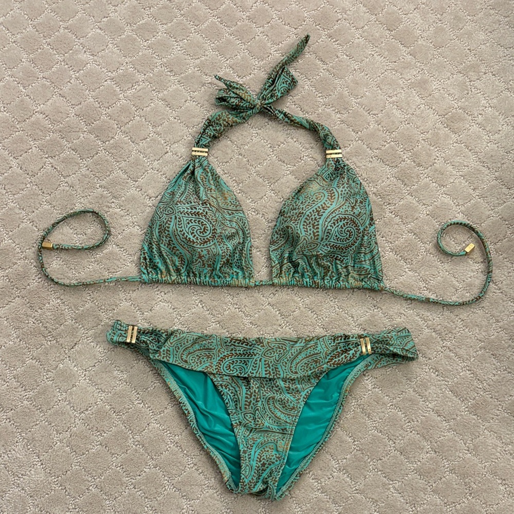 Vix Triangle Top Hipster Bottom Green Gold Bikini Set M